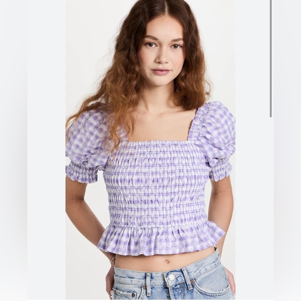 Purple checkered smocked top with puff sleeves